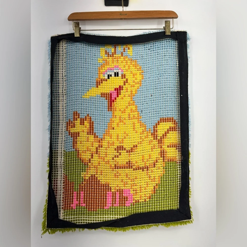 Vintage 80s Latch-Hook Yarn Tapestry Sesame Street big bird yellow green grass